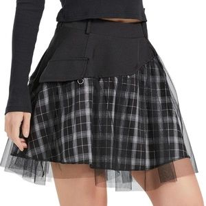 Punk Goth Plaid Mesh Overlay Skirt